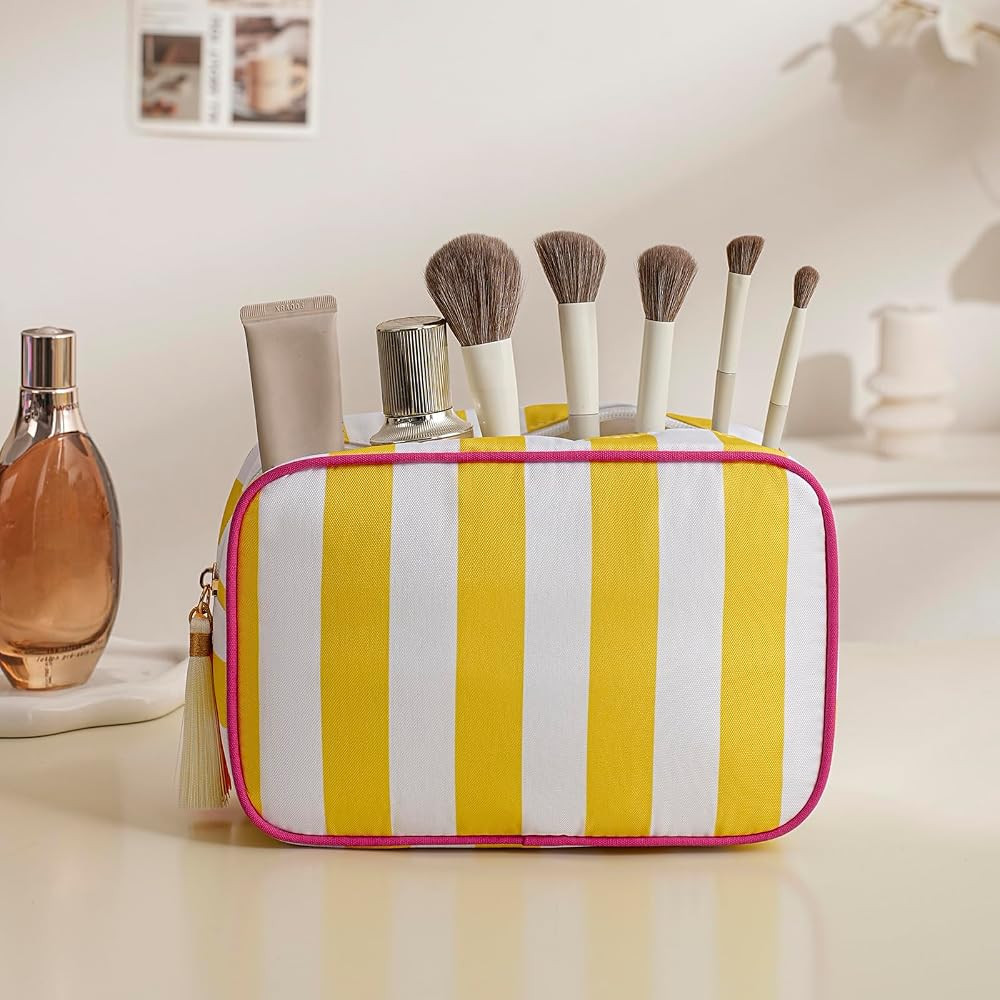 RSRSLEII Large Striped Zipper Makeup Bag, Aesthetic Tassel Travel Cosmetic Bag, Coquette Toiletry... | Amazon (US)