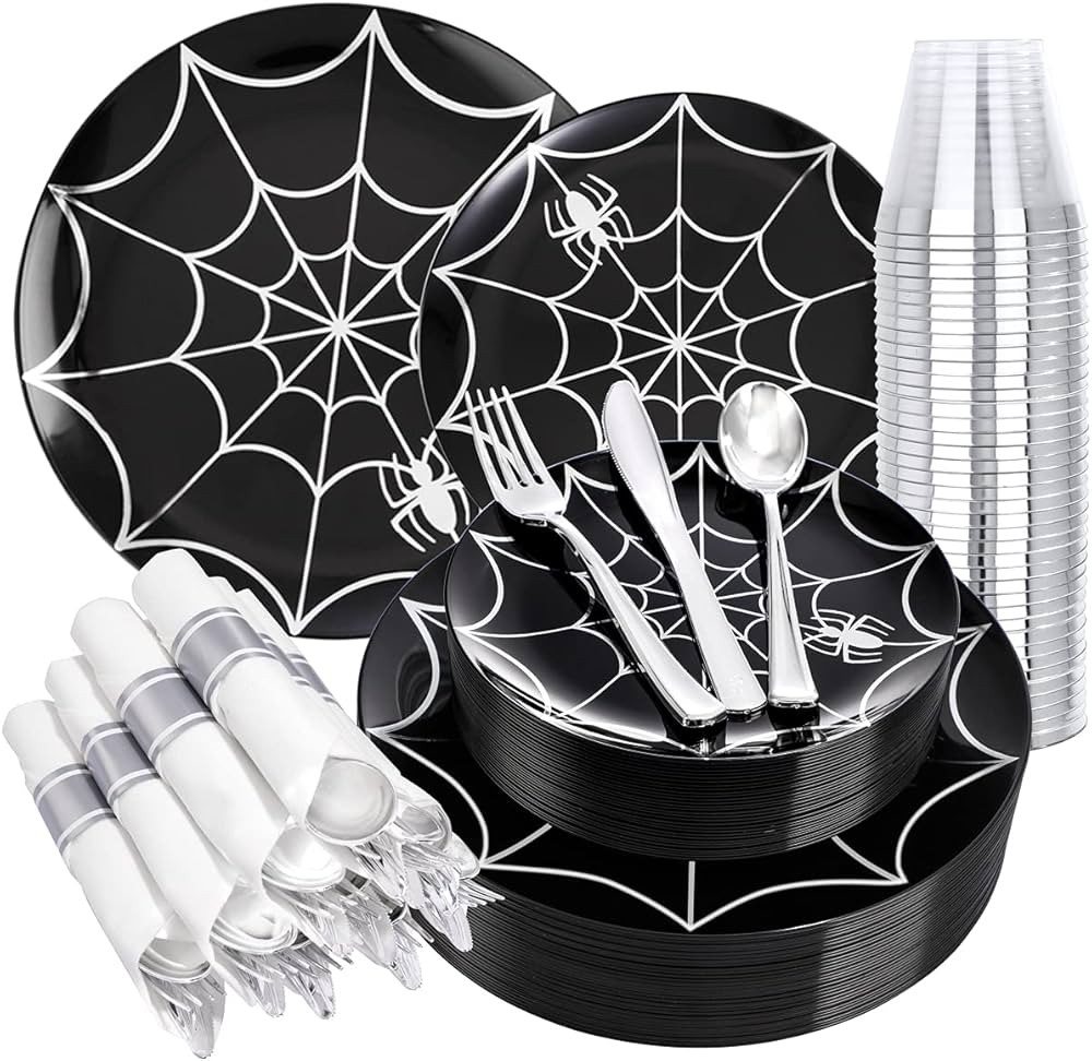 BUCLA 30 Guests Halloween Plates Spider Design - Black and Sliver Plastic Plates with Disposable ... | Amazon (US)