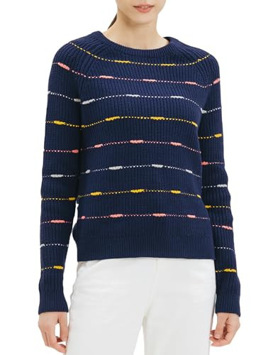 Cable Stitch Women's Dotted Stripe Sweater - Crewneck Long Sleeve Knitted Pullover Top (Large, Multi-Navy) | Amazon (US)