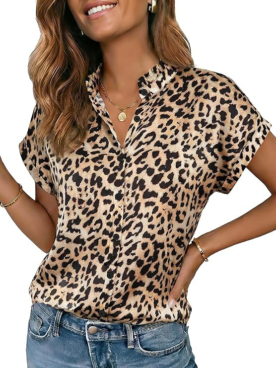 Funlingo Women's Silk Satin Button Down Shirts Short Sleeve Ruffle Collar Blouses Summer Business... | Amazon (US)