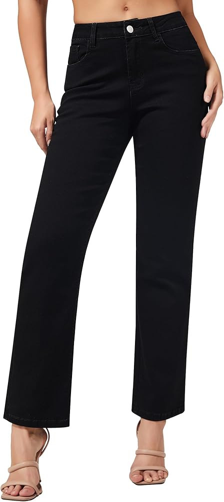 roswear Women's Straight Leg Jeans Casual Mid Rise Stretchy Denim Pants Trendy Trouser Jeans | Amazon (US)