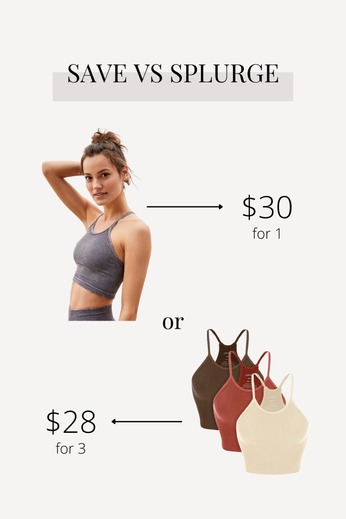 SAVE vs SPLURGE // Ribbed crop tank edition! I’m obsessed with my happiness runs tanks from Free People, but Amazon has ones that look extremely similar and are a great deal! 

#LTKunder50 #LTKfit #LTKstyletip