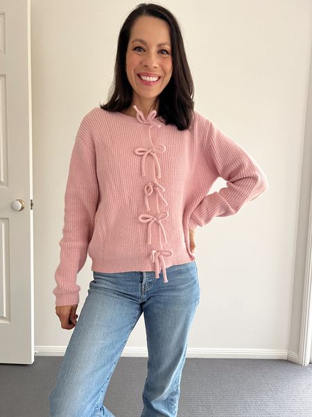 Pink cardigan with bows, petal and pup, winter knitwear 

#LTKOver40 #LTKStyleTip