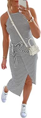 NOLLSOM Women Casual Sleeveless Striped Tank Midi Dresses Halter Neck Ruched Bodycon Dresses Tie ... | Amazon (US)