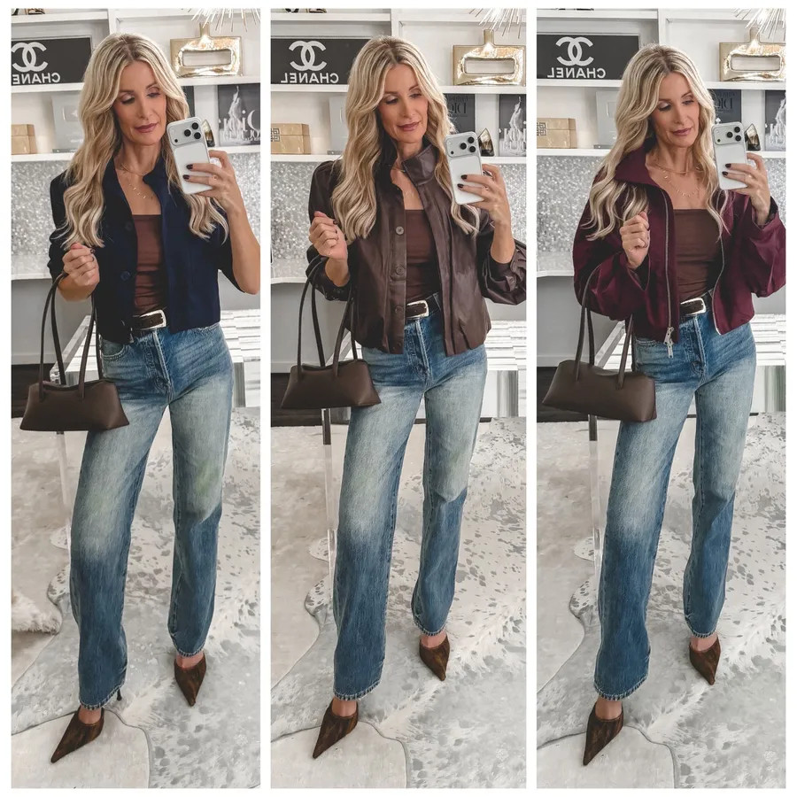 Nothing to wear? This fall outfit formula works every single time. The formula: straight leg jeans + brown top + brown belt. Then switch out the jacket. My base is the Pistola high-waisted straight leg jeans, my go-to straight leg pair. They're super flattering, and they're on sale right now. Here are 3 ways to style it: 1. Navy Quince cropped jacket, under $100. It's lightweight and cropped, so it's the perfect transition piece before the temperatures drop. 2. Brown faux leather high-collar bomber. It reminds me of a Saint Laurent jacket at a fraction of the price. 3. Burgundy bomber. The windbreaker-style material lets you dress it up or down depending on what you pair it with. Getting dressed is the first decision of your day, so make it an easy win. Sizing: everything runs true to size. I'm wearing an XS in all three jackets and a 24 in the jeans. Which jacket would you wear: 1, 2, or 3? 

 

#LTKootd #LTKgrwm #LTKOver40