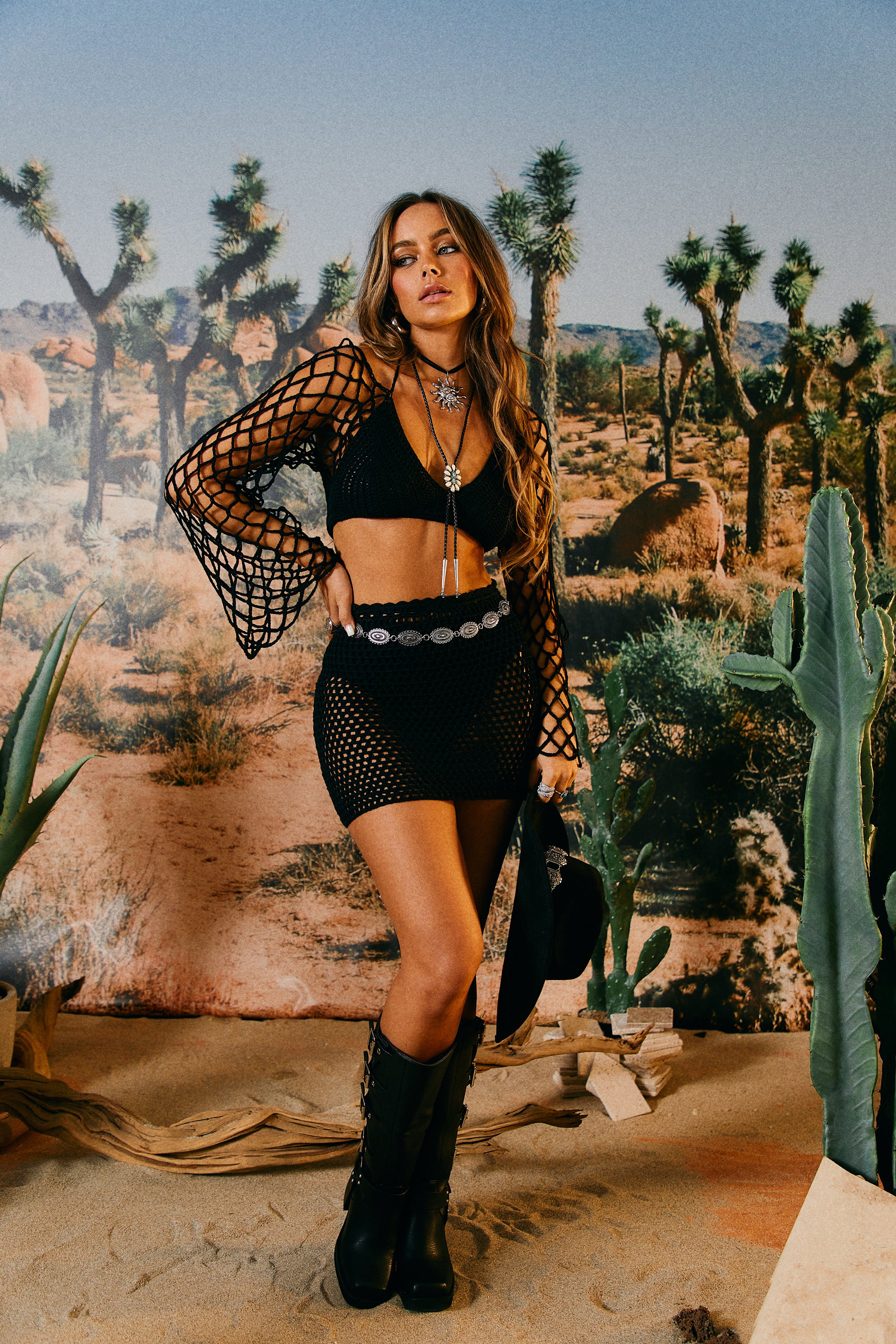 Miss Lola | Desert Oasis Black Two Piece Crochet Skirt Set | MISS LOLA