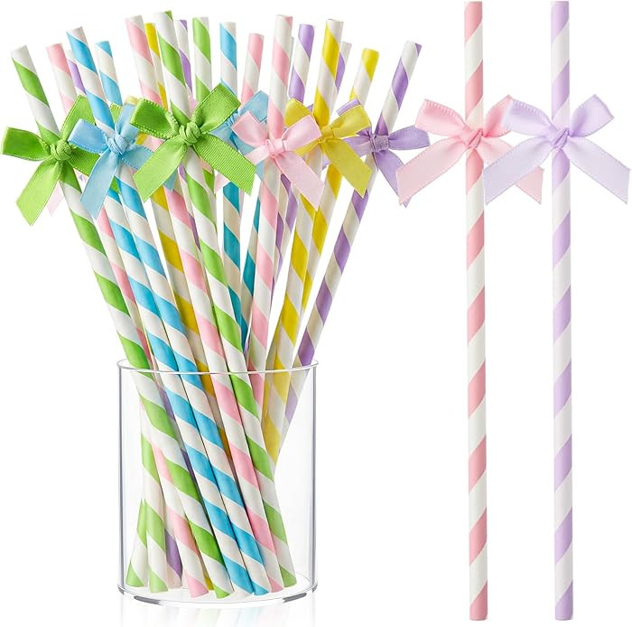 100 Pcs Easter Bow Paper Straws Bulk Pastel Disposable Bow Striped Straws for Drinking, Easter Th... | Amazon (US)