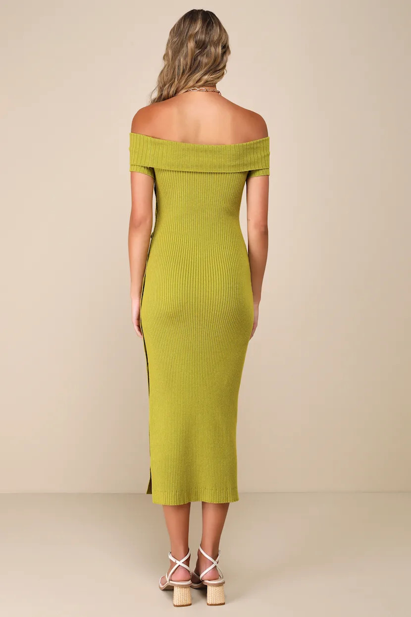 Heightened Aura Chartreuse Ribbed Off-the-Shoulder Sweater Dress | Lulus