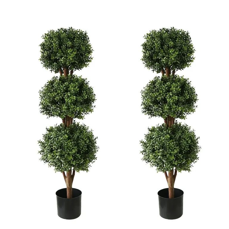 Artificial Topiary Triple Ball Boxwood Tree, Two Pack Fake Topiaries Trees 46.5inch Faux Shrubs P... | Walmart (US)