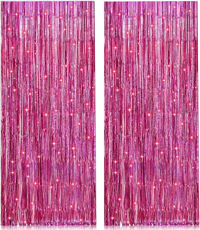 2 Pack 3.2ft x 8.2ft Pink Metallic Tinsel Foil Fringe Curtains Backdrop for Pink Party Birthday W... | Amazon (US)