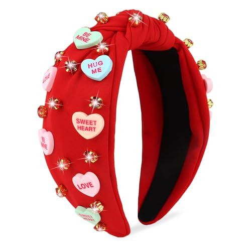 YARIEW Valentines Day Headbands for Women Love Sweet Red Heart Headband Rhinestone Knotted Headband for Women Valentine Day Decorations Fashion Headband Hair Accessories Red | Amazon (US)