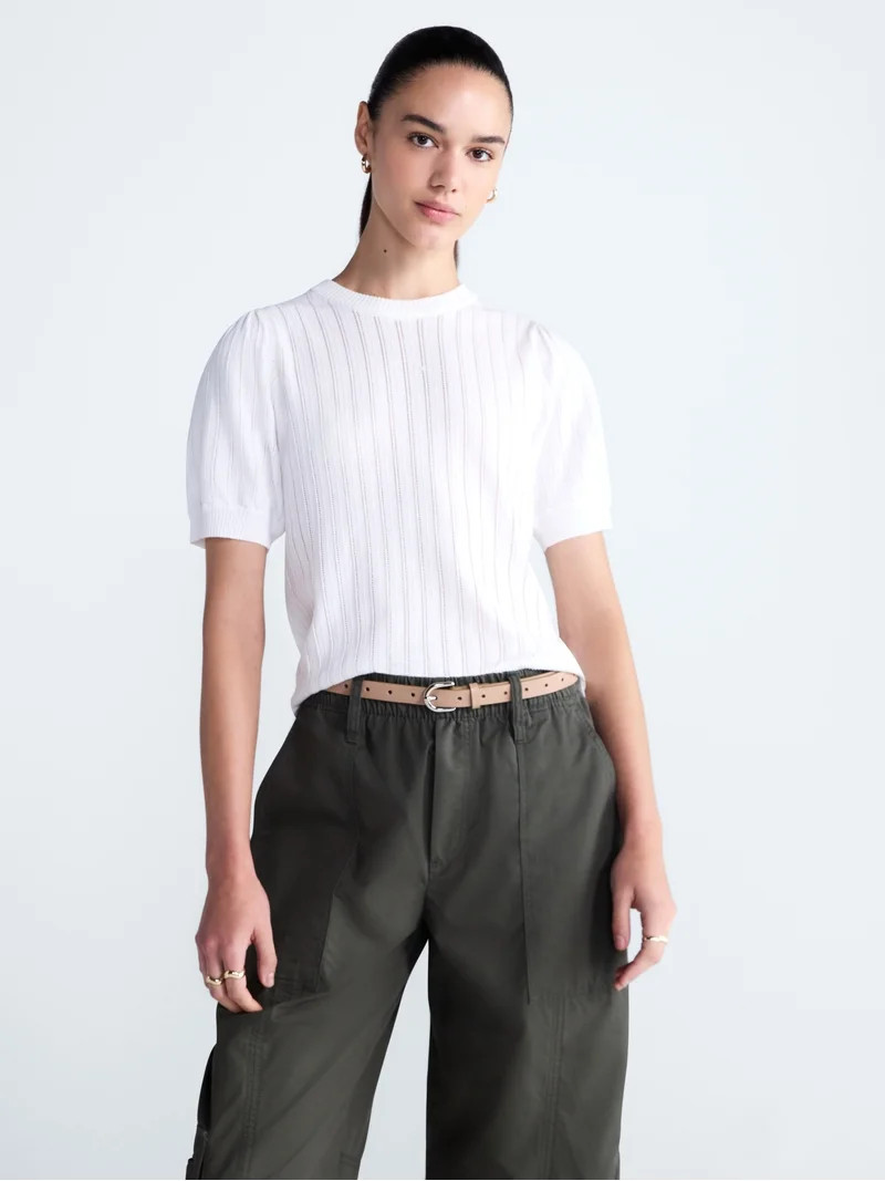 Free Assembly Women\u2019s and Women's Plus Pointelle Sweater with Puff Sleeves, Sizes XS-4X | Walmart (US)