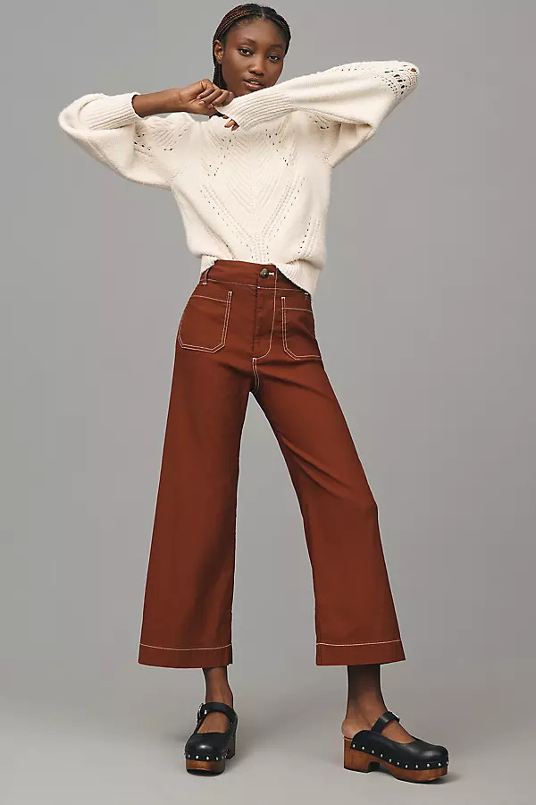 The Colette Cropped Wide-Leg Pants by Maeve: Merrick White Contrast-Stitch Edition | Anthropologie (US)
