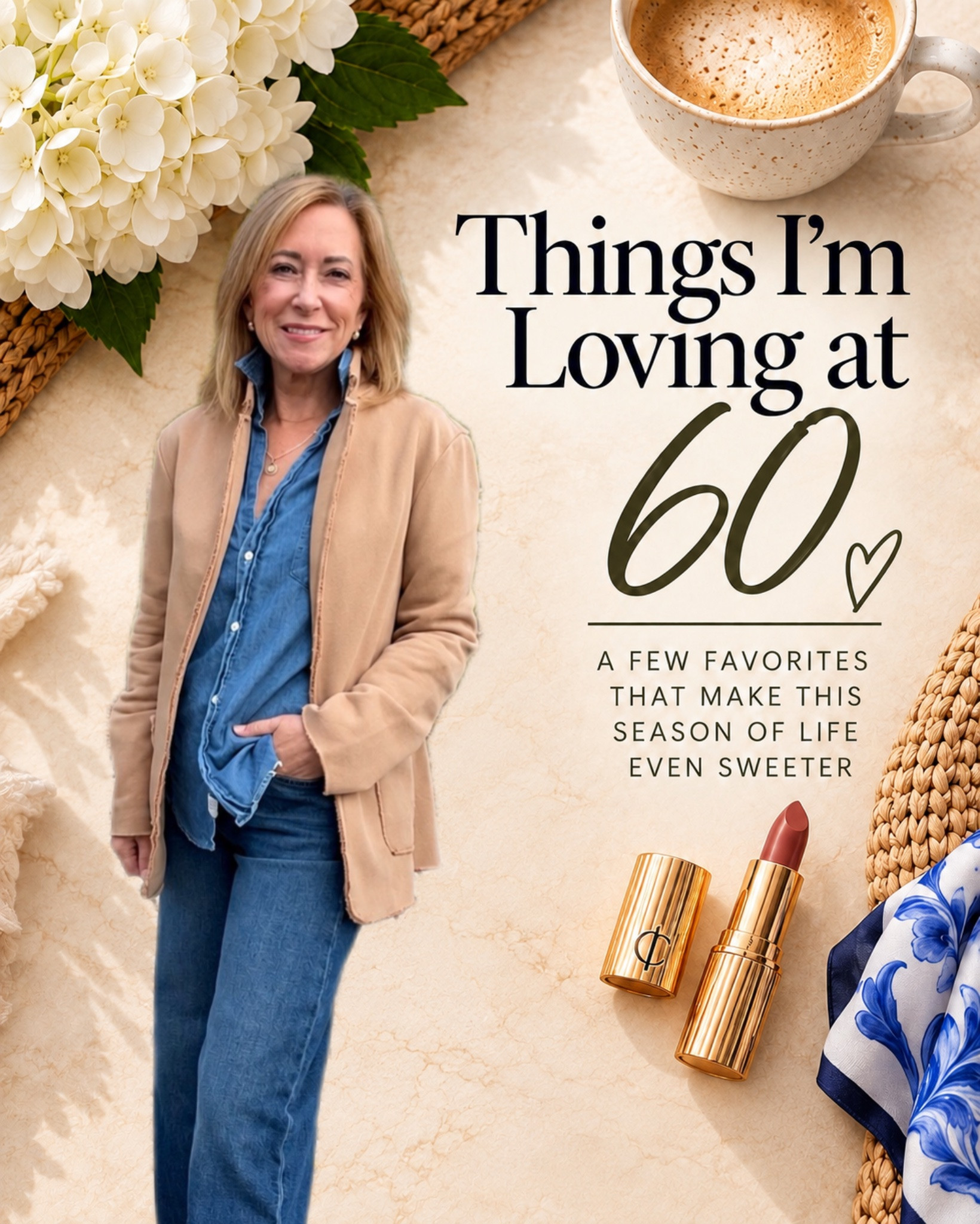 Things I’m loving at 60:
The basics like a great blazer, sweater, loafers & sunnies. Skincare & makeup that works on my aging skin, a good book, cappuccino & eating healthy. But mostly who I get to do life with…what a gift!

#LTKPetite #LTKOver40 #LTKBeauty