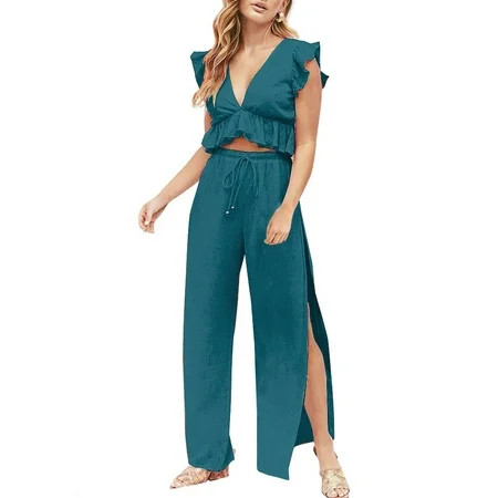FANCYINN Womens Teal Bule Two Pieces Outfits Deep V Neck Crop Top Side Slit Drawstring Wide Leg Pant | Walmart (US)