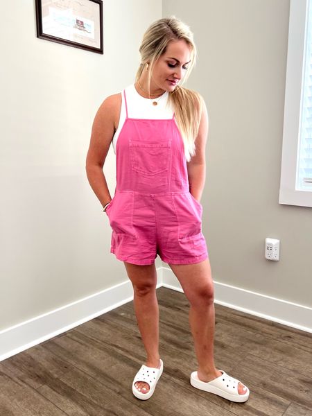 I absolutely love this Roxy overall/romper look. The material is amazing. I sized up to a large to give it the slouchy look. 

My undershirt is from Amazon, and it’s a must have in every color kind of thing! It has build-in padding, so no need to wear a bra. I ordered a size large, which is my typical bra size. 

These Crocs slides are my favorite sandal this season! They are sooo lightweight and comfortable. 

#LTKtravel #LTKunder50 #LTKBacktoSchool