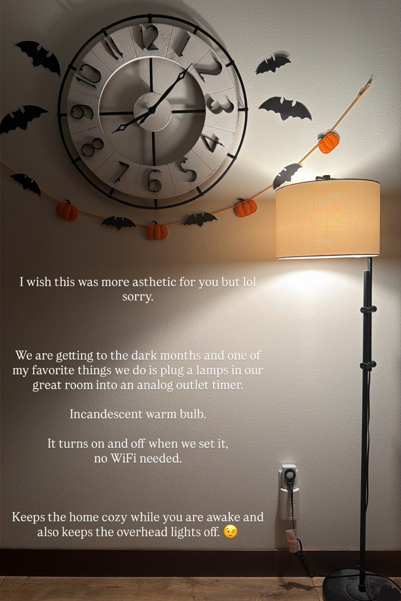 I wish this was more asthetic for you but lol sorry.
We are getting to the dark months and one of my favorite things we do is plug a lamps in our great room into an analog outlet timer.
Incandescent warm bulb.
It turns on and off when we set it, no WiFi needed.
Keeps the home cozy while you are awake and also keeps the overhead lights off. 😉