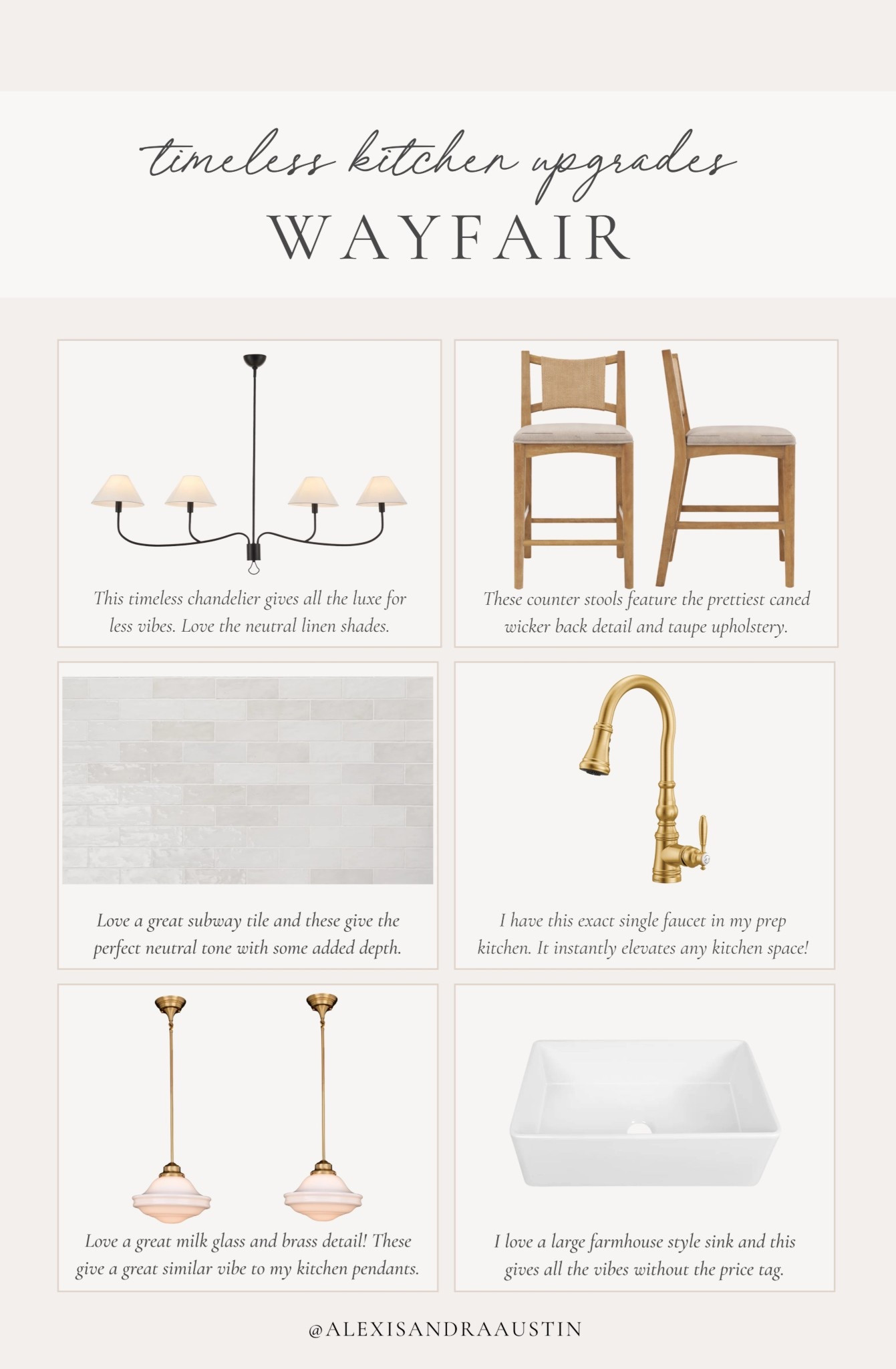 Rouding up all of my @Wayfair kitchen favorites for a simple, effortless upgrade to elevate any space in your kitchen. From my stunning brass pull down faucet to beautiful lighting upgrades — creating a dream DIY space has never been easier and affordable. 

#Wayfair #WayfairPartner #ad 

Home finds, neutral home inspo, kitchen refresh, home DIY, Wayfair, timeless kitchen upgrade, lighting detail, brass detail, pendant lighting, farmhouse style sink, single facet, neutral tile inspo, counter stool, furniture favorites, linen shade, Wayfair partner, shop the look!

#LTKSeasonal #LTKHome
