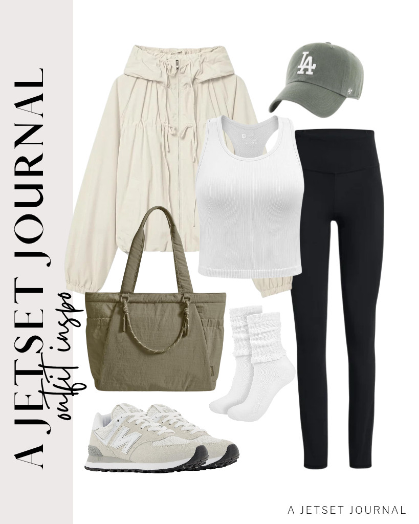 Wear this beige Xunger gathered hooded jacket over a white YEOREO CoreFlex racerback workout tank top, then pair it with his high-waisted leggings from SINOPHANT for your first outfit. You can also wear this green 47 MLB clean-up cap and a BAGSMART yoga pilates tote bag in the same color shade. Complete the fit with New Balance 574 core sneakers. 

 #LTKSeasonal #LTKSaleAlert #LTKTravel