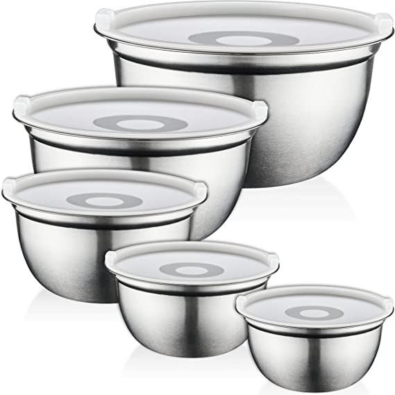 FineDine Mixing Bowls with Lids - 5 Deep Nesting Mixing Bowls for Kitchen Storage - Silver Stainl... | Amazon (US)