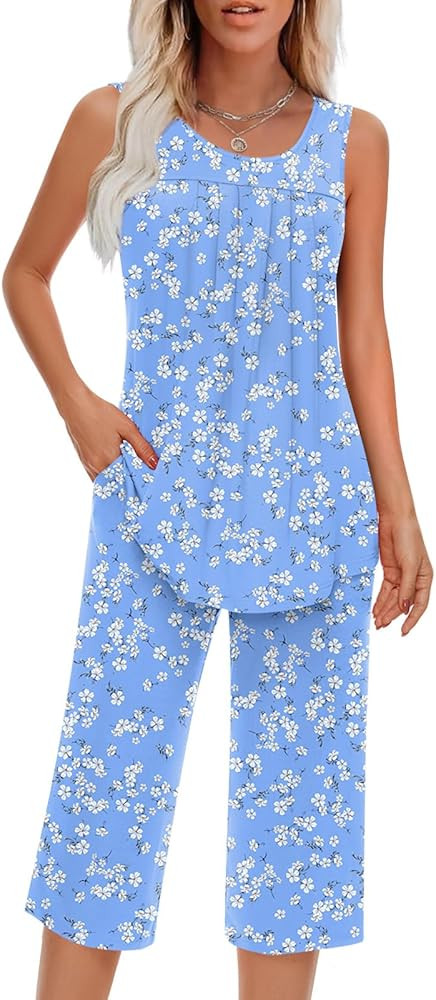 Women Pajamas Sets Loungewear Soft Sleepwear Two Piece Summer Sleeveless Pjs Tank Top Pants with ... | Amazon (US)