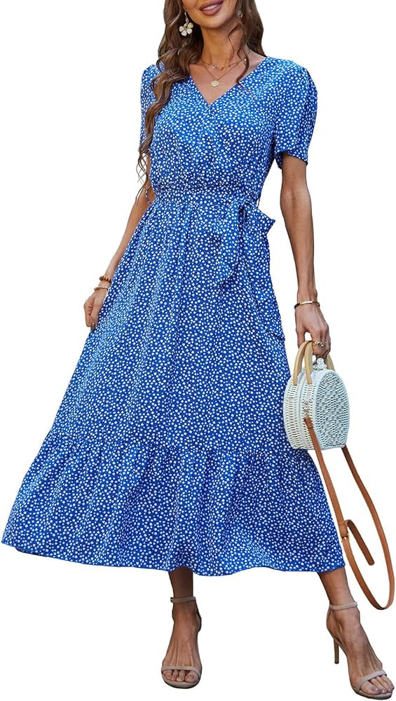 PRETTYGARDEN Women's Floral Summer Dress Wrap V Neck Short Sleeve Belted Ruffle Hem A-Line Bohemian  | Amazon (US)
