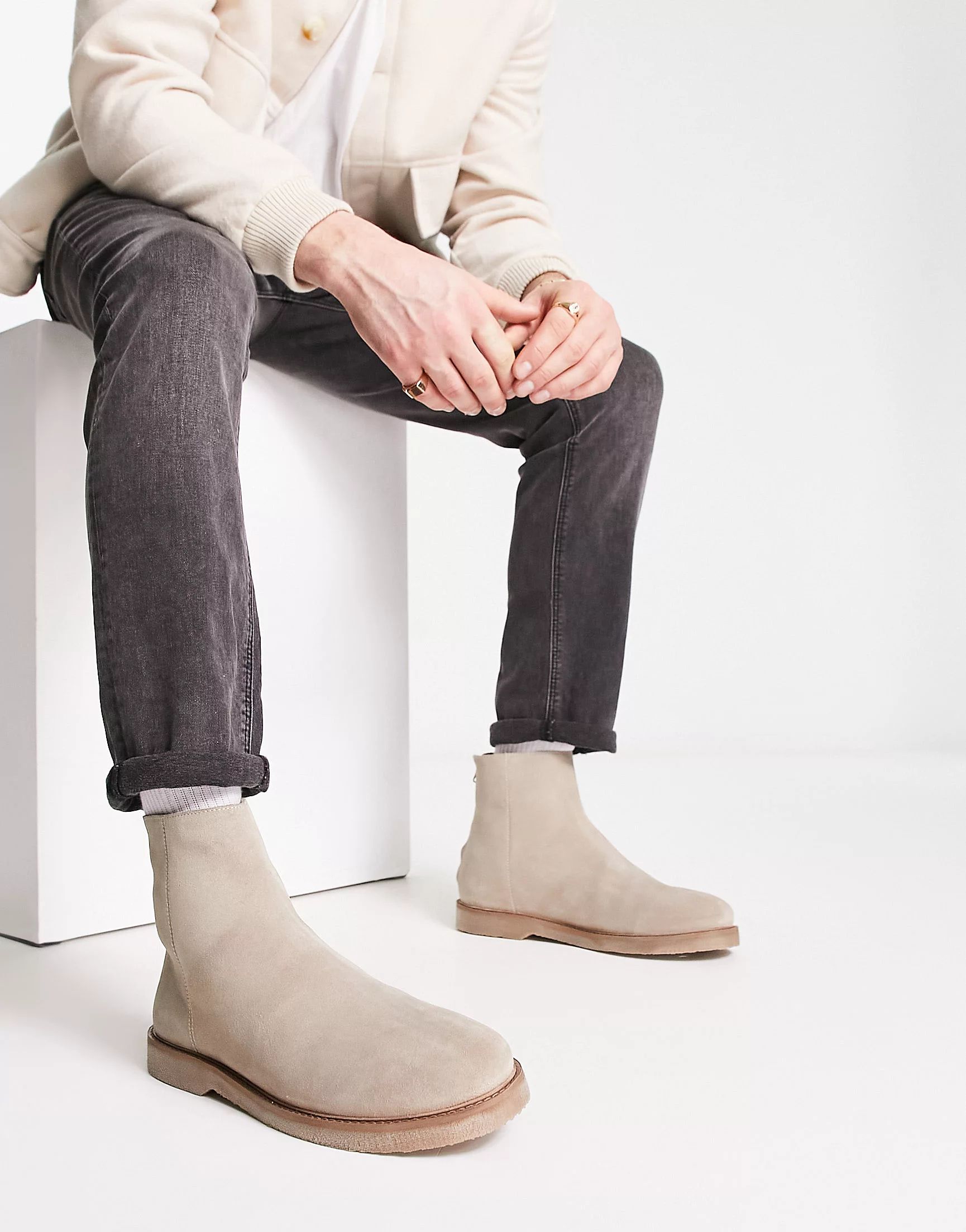 ASOS DESIGN chelsea boots in stone suede with zip detail and faux crepe sole | ASOS (Global)