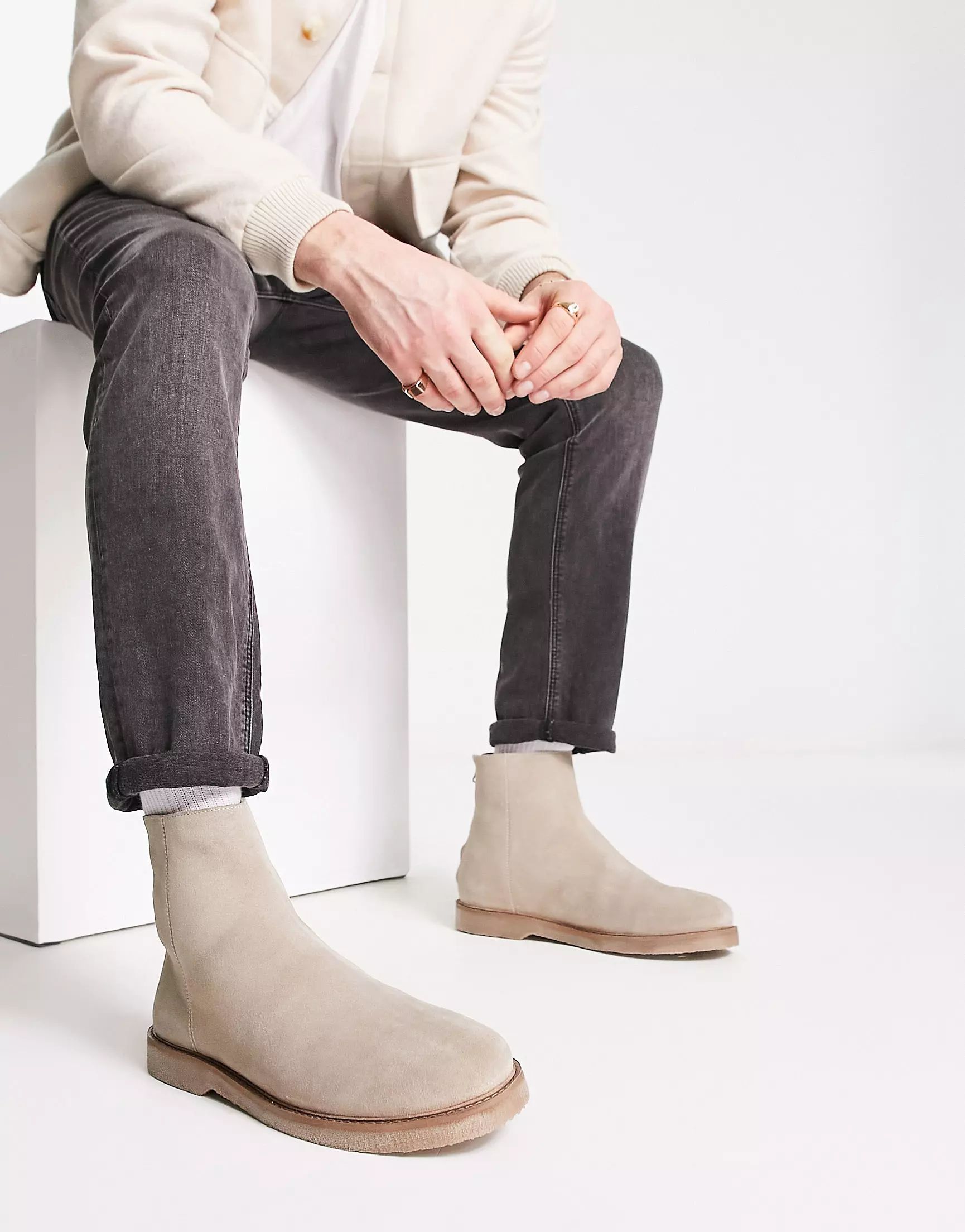 ASOS DESIGN chelsea boots in stone suede with zip detail and faux crepe sole | ASOS (Global)