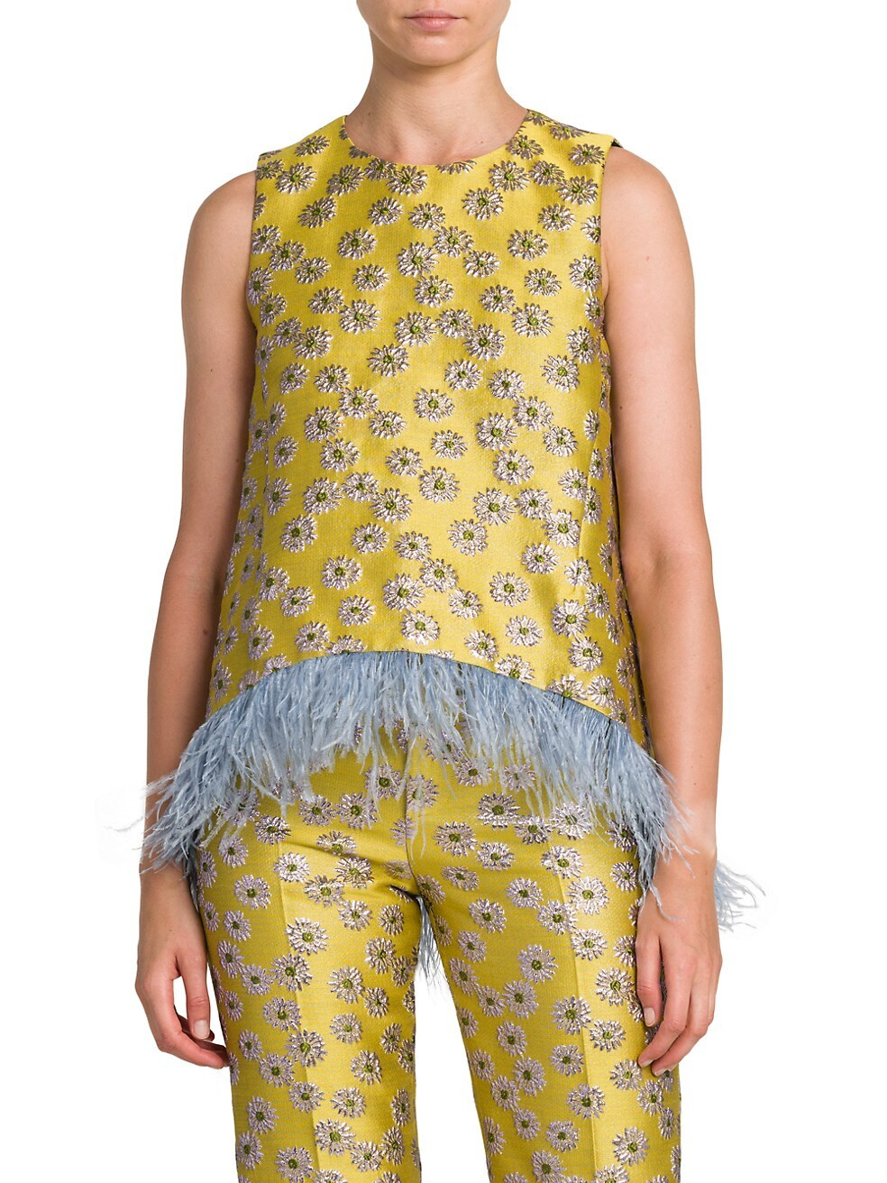 La DoubleJ La Scala Floral Jacquard Feather-Trim Top | Saks Fifth Avenue