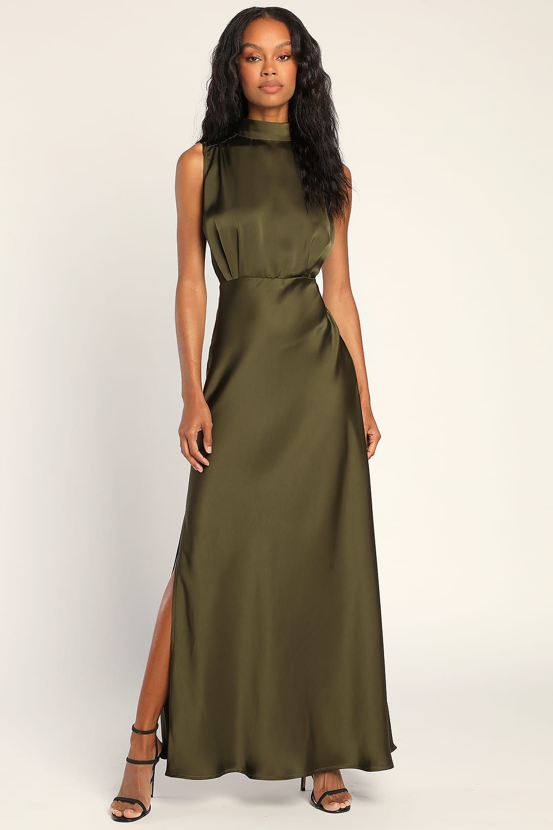 Classic Elegance Olive Satin Sleeveless Mock Neck Maxi Dress | Lulus (US)