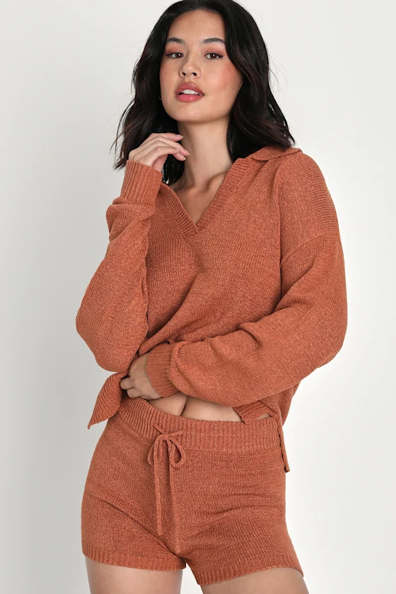 Cuddly Vibes Rust Brown Drawstring Knit Shorts | Lulus (US)