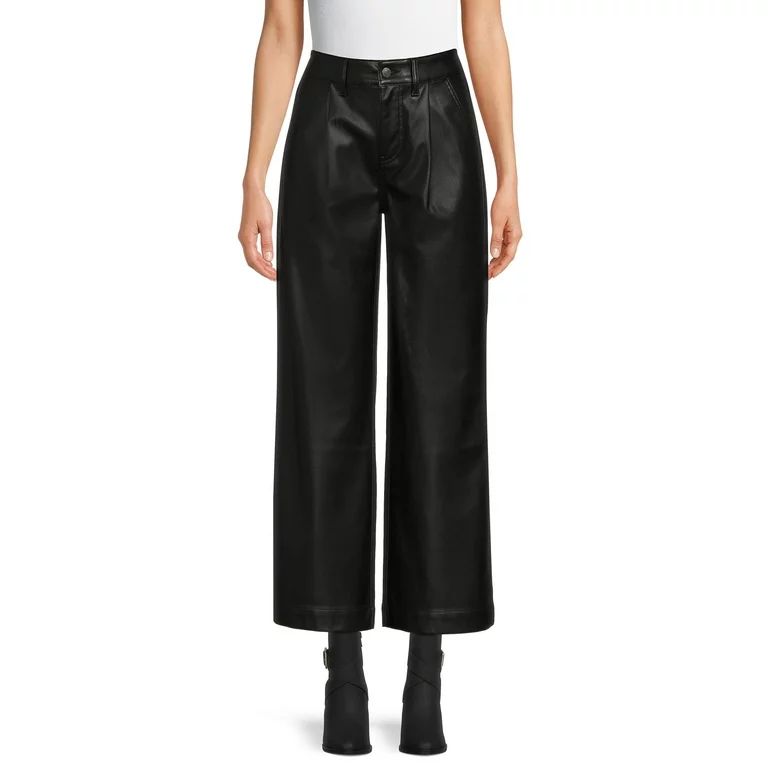 Time and Tru Women's Mid Rise Faux Leather Wide Leg Trousers, 31" Inseam - Walmart.com | Walmart (US)