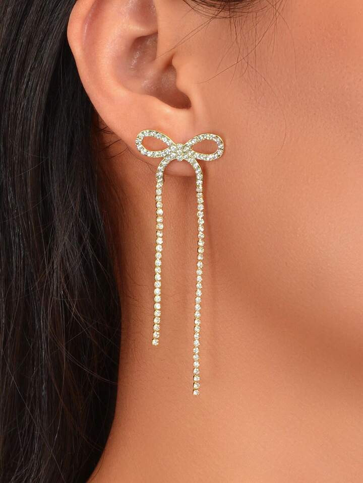 1pair Glamorous Rhinestone Bow Decor Clip On Earrings For Women For Daily Decoration | SHEIN