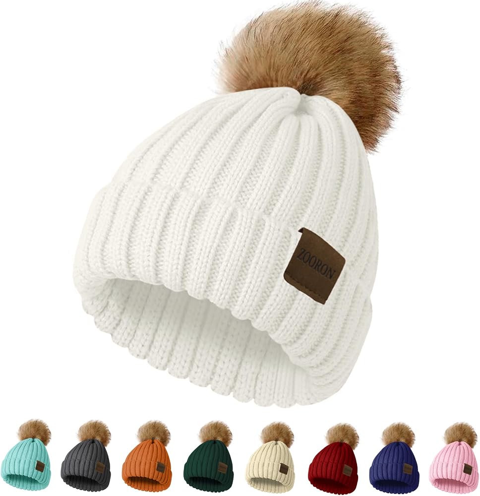 ZOORON Womens Winter Knitted Beanie Hat with Faux Fur Pom Beanie Warm Knit Skull Cap Beanie for W... | Amazon (US)
