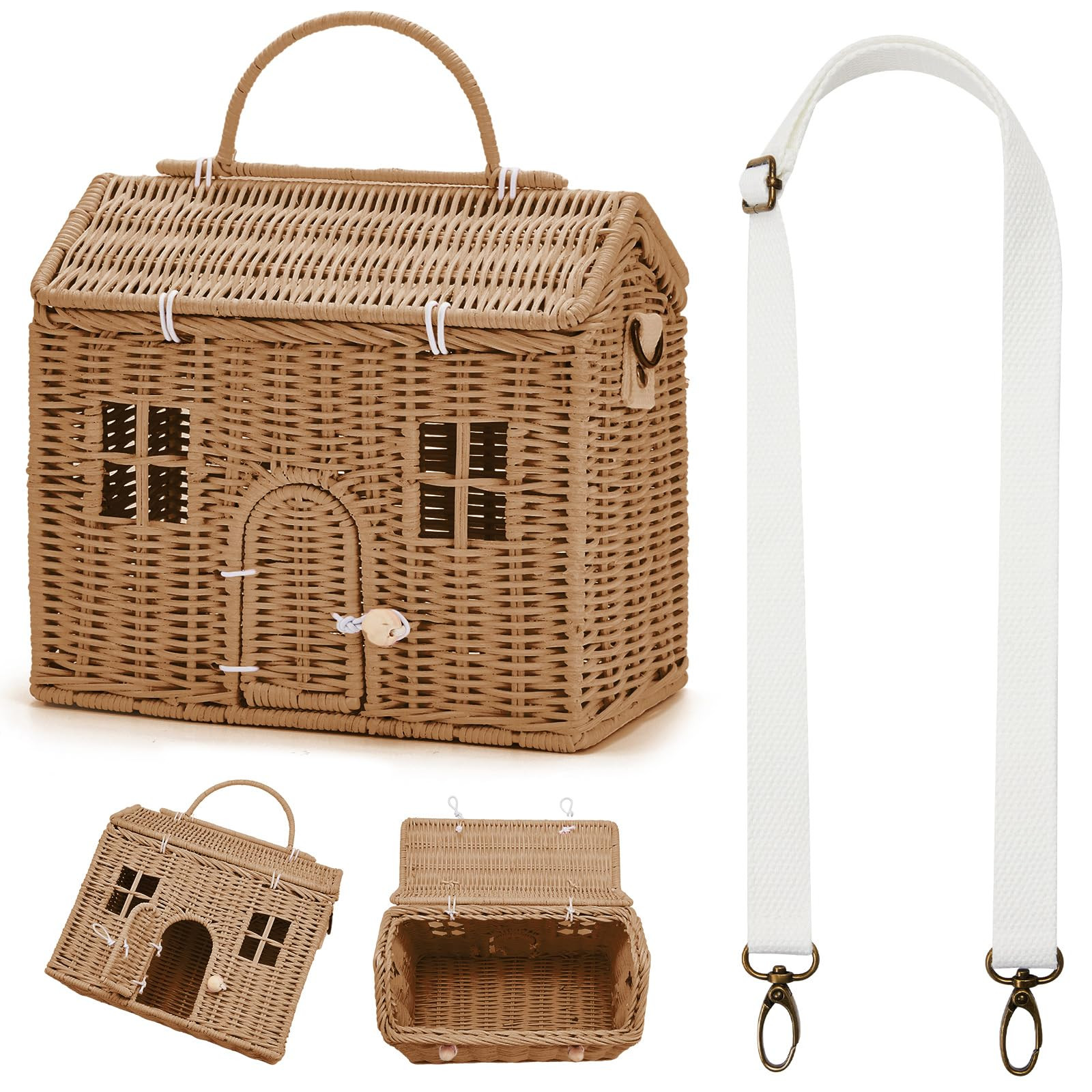 Wettarn Handmade Rattan Doll House Rattan House Shape Shoulder Bag Wicker Basket with Lid for Doll Toys Storage Basket Small Dollhouses Cute Woven Handcrafted Artwork Gift(Khaki) | Amazon (US)