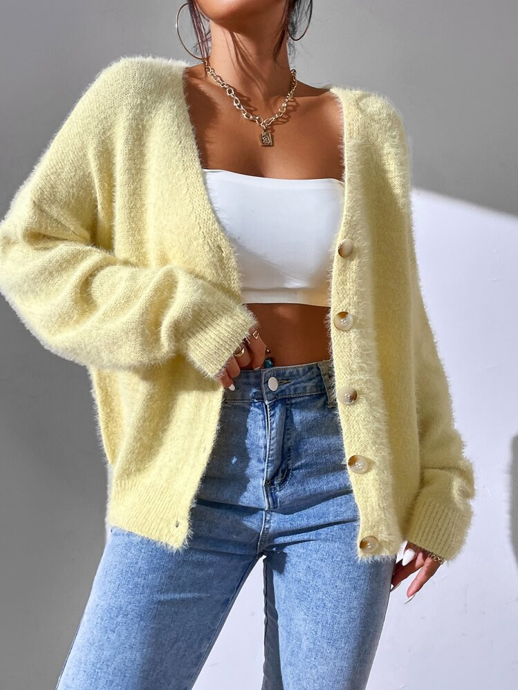 Flirla Drop Shoulder Fuzzy Knit Cardigan,Long Sleeve Tops | SHEIN