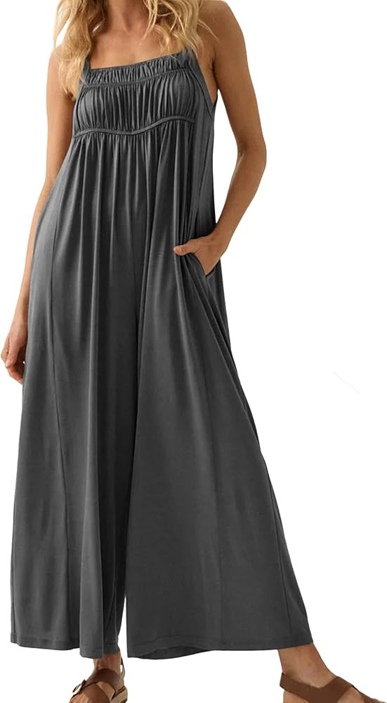 Women's Casual Jumpsuits Sleeveless Stretchy Overalls Wide Leg Long Pant Rompers With Pockets | Amazon (US)