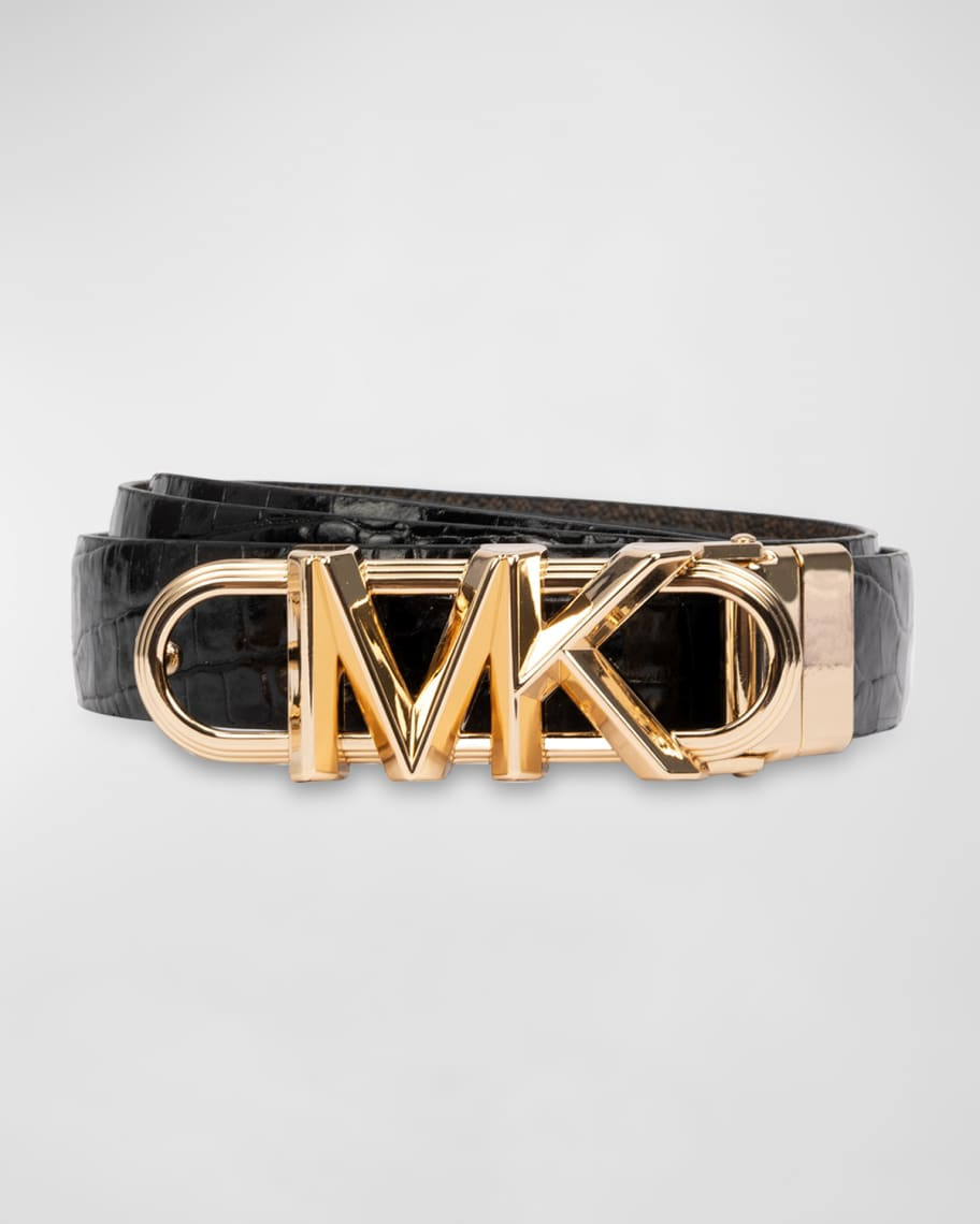 Michael Kors Reversible Monogram & Croc-Embossed Leather Belt | Neiman Marcus