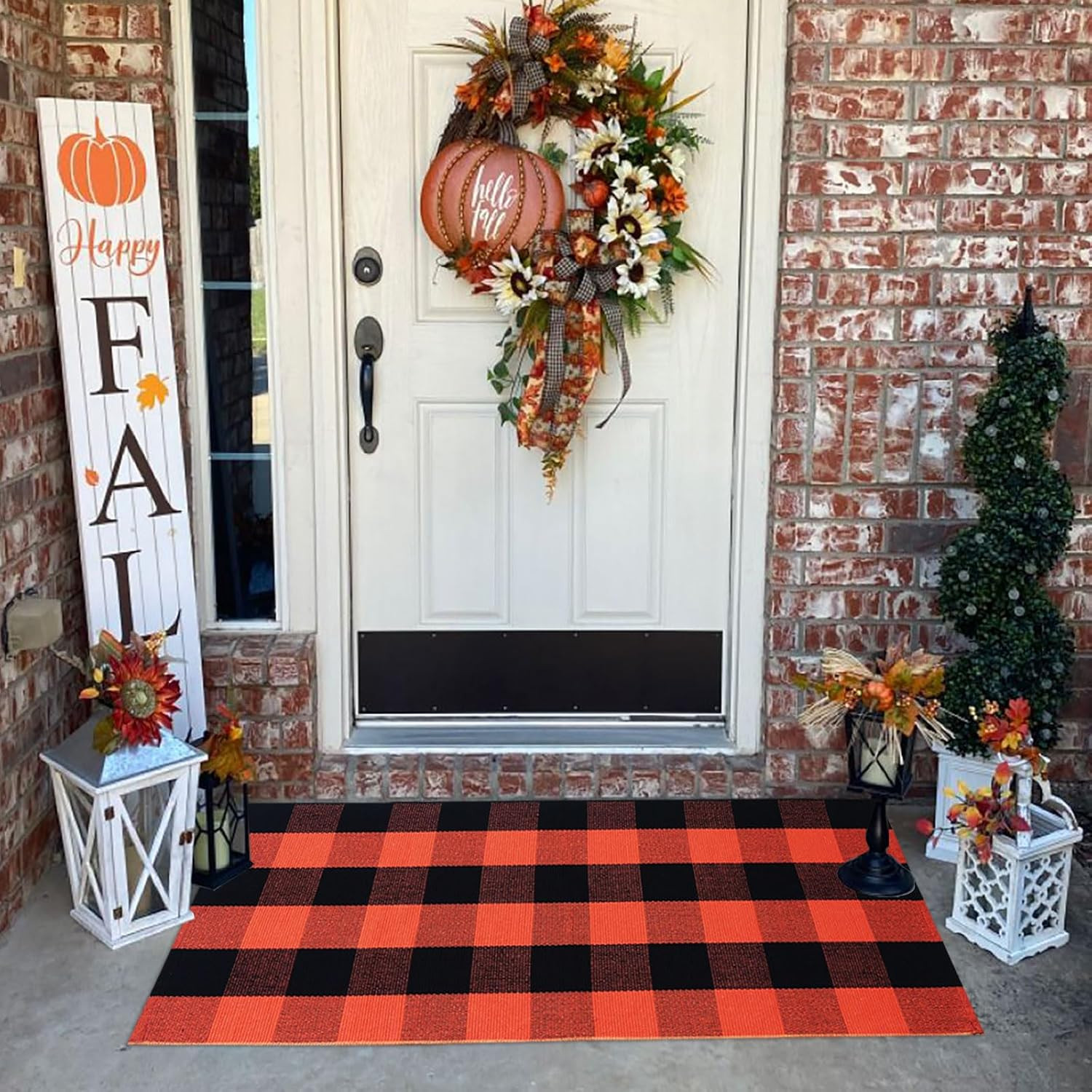 Buffalo Plaid Outdoor Rugs, 2'x4'3'' Orange and Black Checkered Indoor/Outdoor Area Rug, Layering Rug for Hello/Welcome Door Mat, Washable Cotton Woven Farmhouse Mat for Fall Front Porch Décor | Amazon (US)