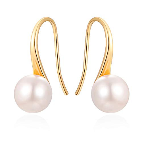 Amazon.com: 10mm Shell Pearl Drop Earrings, 18k Gold Plated Bar Stud Earrings, Dainty Wedding Jew... | Amazon (US)