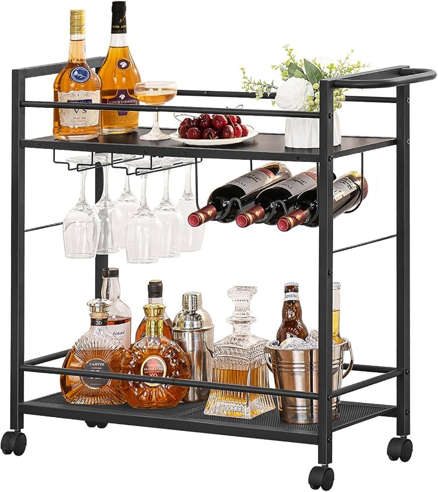 Bar Cart,Home Bar Serving Cart with Large Storage Space, 2 Tier Rolling Beverage Cart with Wheels... | Amazon (US)