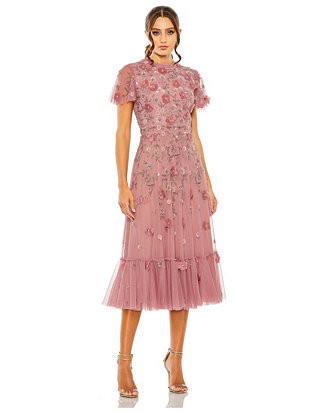 Petite Embellished High Neck A-Line Dress with Flutter Sleeves | Macy's