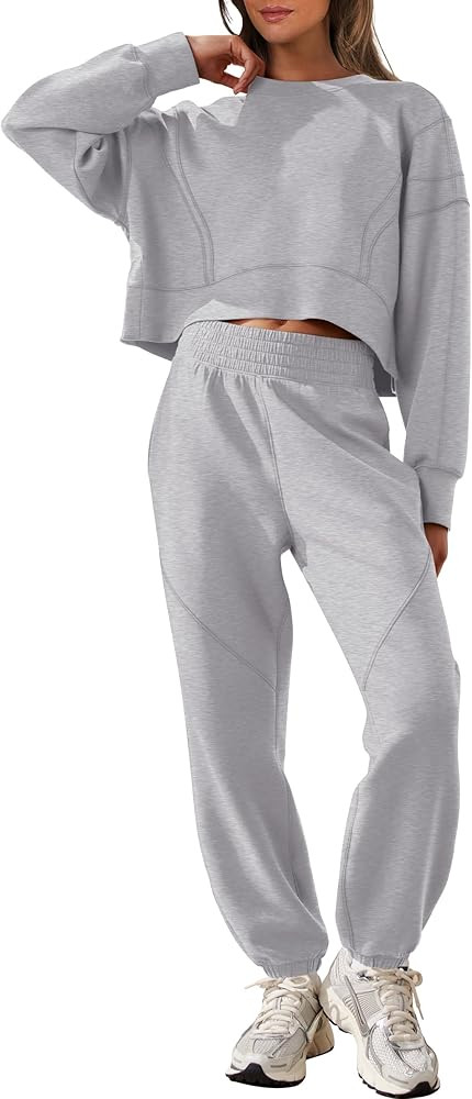 ANRABESS Womens 2 Piece Outfits Lounge Sets Cropped Sweatshirt & Joggers Fashion Sweatsuit Sweat ... | Amazon (US)