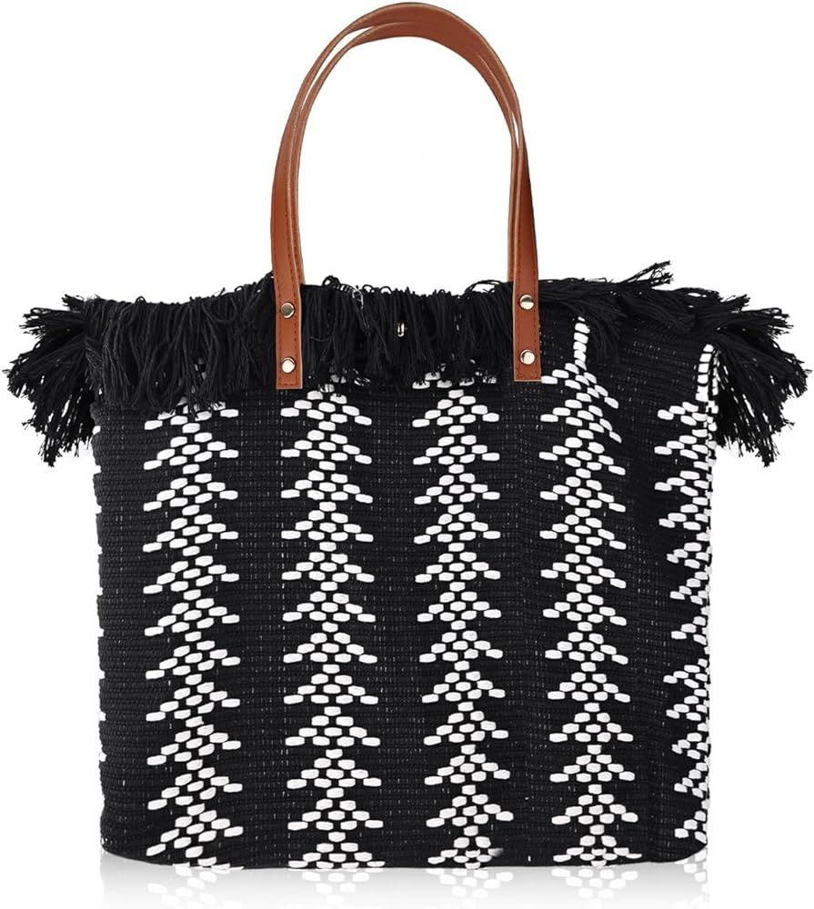 Maciebelle Straw Fringed Large Capacity Tote Bag, Lightweight Fashion Shoulder Bag, Exquisite Sum... | Amazon (US)