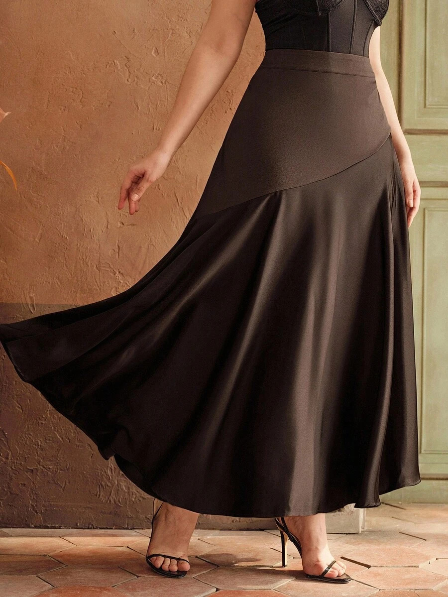 Anewsta Plus Size Elegant Long A-Line Patchwork Skirt, Slimming, Versatile, Casual, Spring | SHEIN