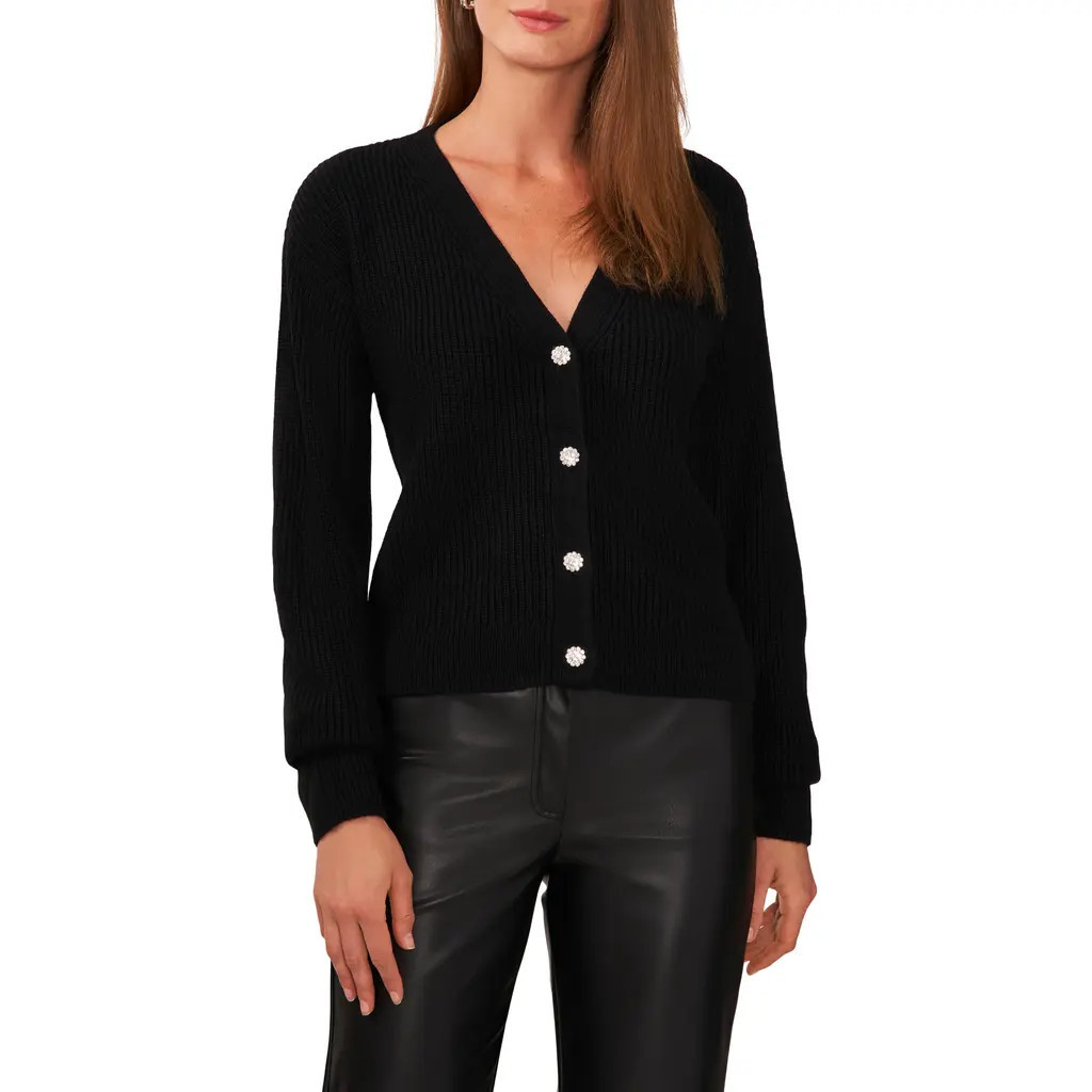 halogen(r) Embellished Button Cardigan in Rich Black at Nordstrom, Size X-Small | Nordstrom