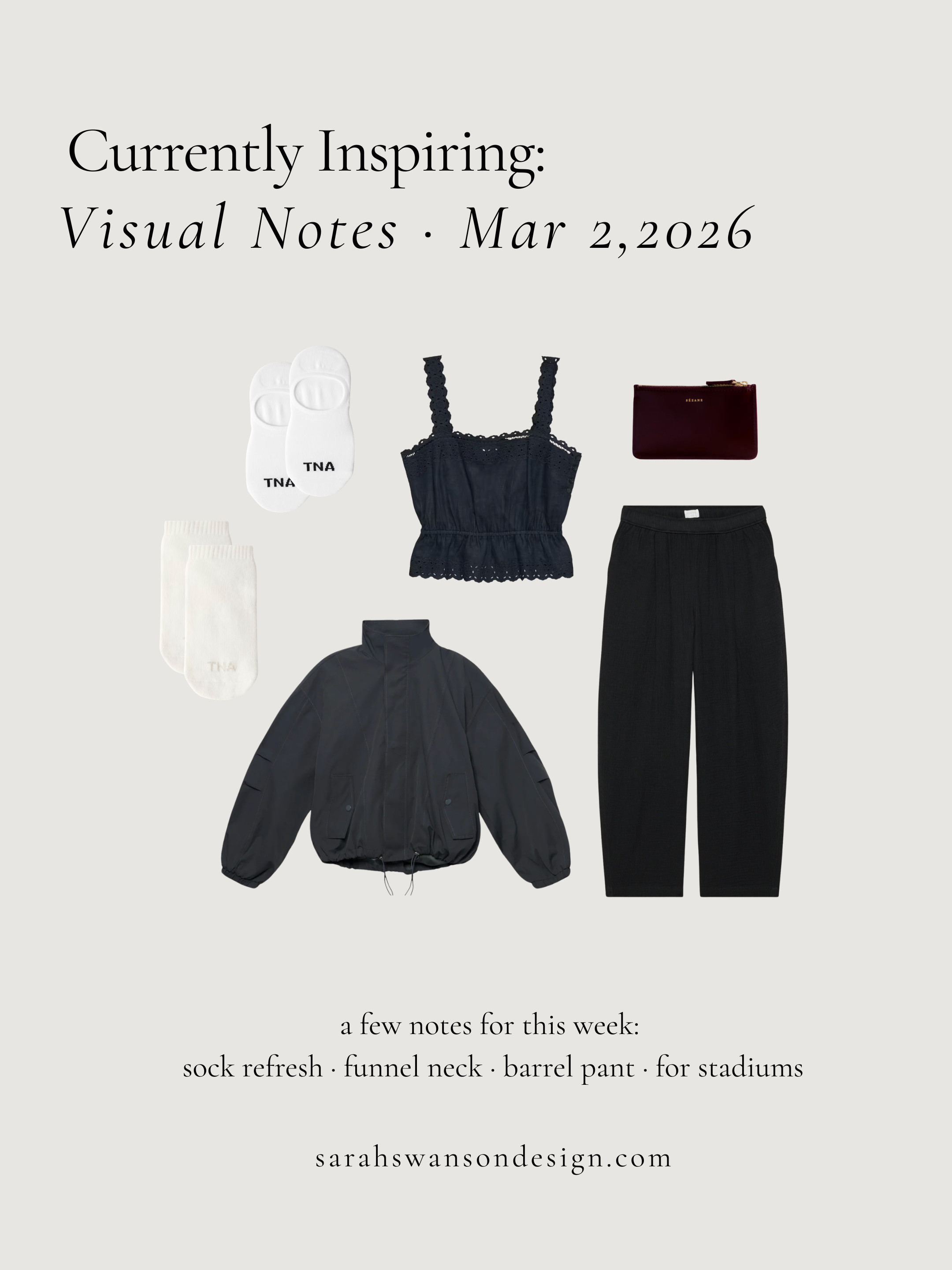 This week’s picks: TNA white crew socks, black eyelet cami, funnel neck jacket, modern barrel pants, and a burgundy zip pouch. Elevated everyday basics for a minimalist capsule wardrobe and easy spring layering. Jacket is Oak + Fort.

#barrelpants #funnelneck #capsulewardrobe #springstyle2026 #modernbasics #ltkstyle 

 #LTKootd #LTKmomlife #LTKOver40