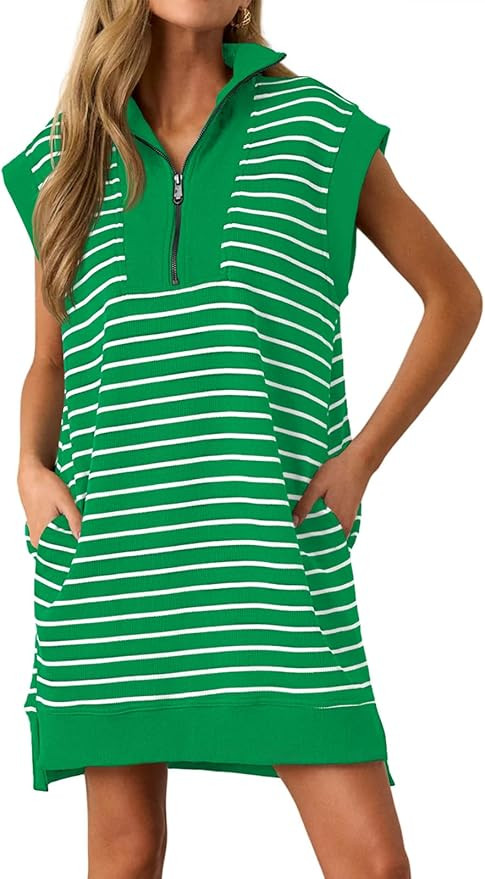 Wenrine Womens Striped Mini Dress Casual Zipper Cap Sleeve Collared V Neck Loose Knit Summer Dres... | Amazon (US)