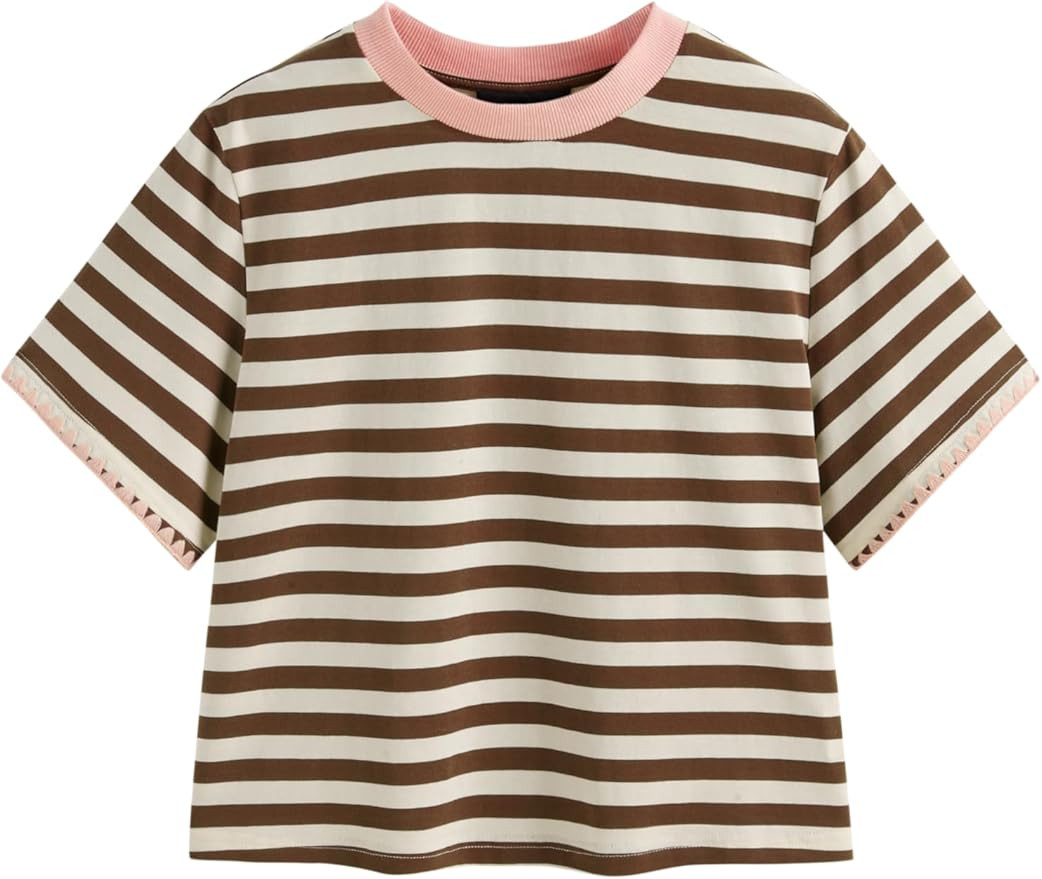 CIDER Women Summer Crew Neck T-Shirt Oversized Cotton-Blend Stripe Short Sleeve Tee | Amazon (US)