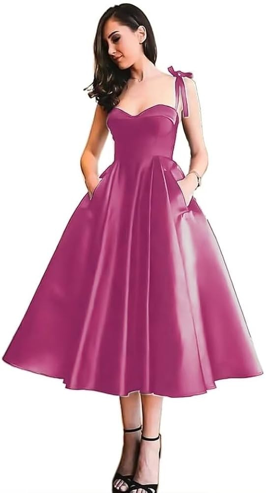 MuXiuFC Sweetheart Spaghetti Straps Prom Dresses 2023 Satin Tea Length A-Line Corest Evening Form... | Amazon (US)